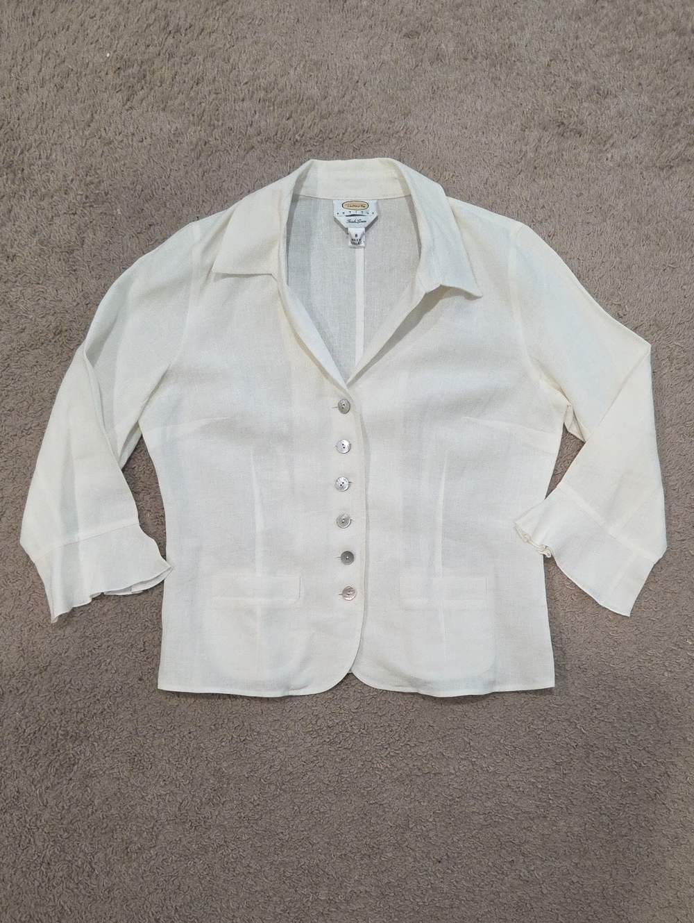 Talbots Petites Ivory Irish Linen 3/4 Ruffle Sleeve Blazer Jacket Size 8 Petite